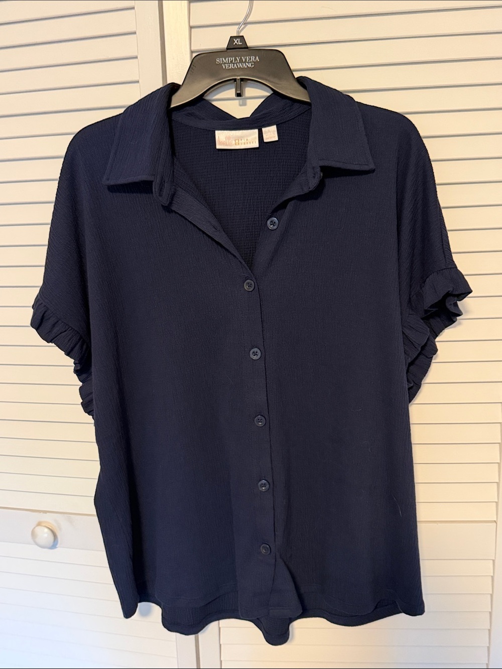 Belle by Kim Gravel Navy Ruffle Sleeve Button-Down Shirt